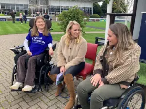 Saffron Cresswell being interviewed by Adele Mulrennan at Wetherby for Spinal Research